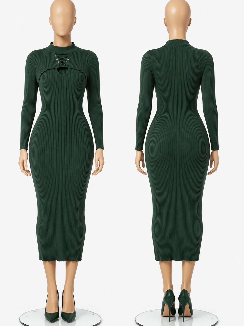 Dark Green Ribbed Long Sleeve Lace-Up Midi Dress
